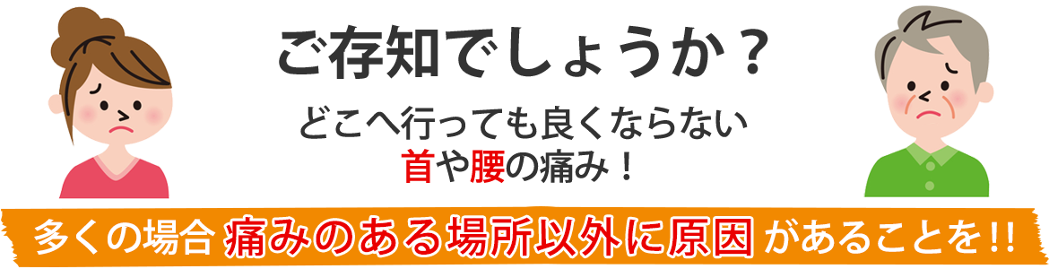 ご存知でしょうか？どこへ行っても良くならない首や腰の痛み！多くの場合 痛みのある場所以外に原因があることを！