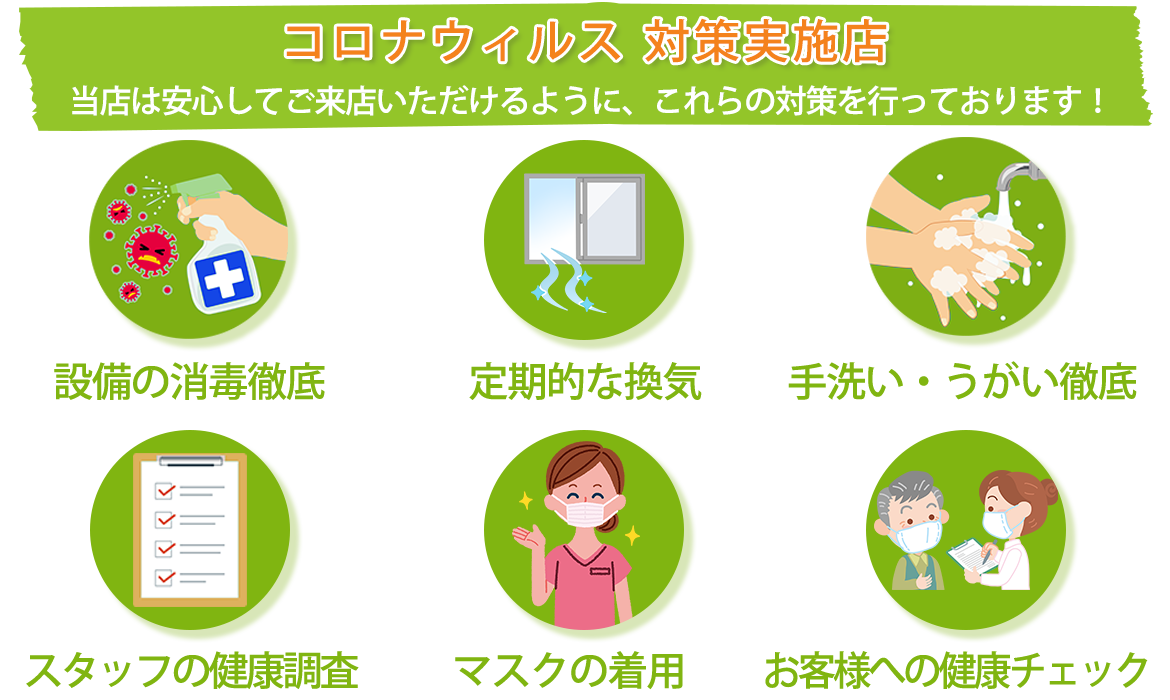 コロナウィルス対策実施店 当店は安心してご来店いただけるように、これらの対策を行っております！ 設備の消毒徹底 定期的な換気 手洗い・うがい徹底 スタッフの健康調査 マスクの着用 お客様への健康チェック